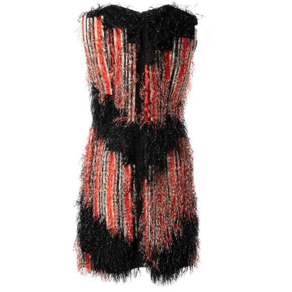 FENDI WOMEN’S ROMA FEATHER FRINGE COCKTAIL MINI DRESS, SIZE US 2, BLACK/RED - Picture 5 of 10